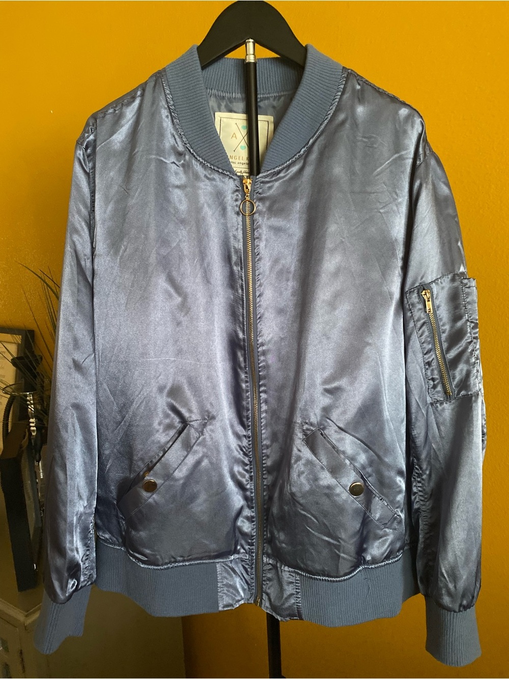 Angel Kiss Satin Bomber Jacket in Steel Blue
